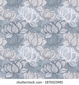 Flower line art. Vector floral background. Blue and grey art deco flower pattern.