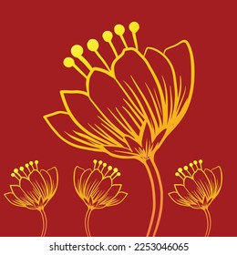 Diseño de la plantilla de fondo de la ilustración vectorial de la línea de flor. fondo floral de color dorado y rojo