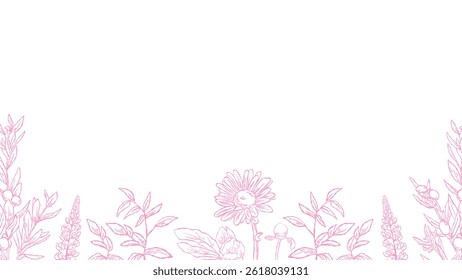 Flower Line Art Wallpaper Banner Frame Pink Color. Best for wedding, event banner.