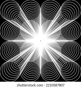 Flores de rayas blancas Elementos del círculo. Fondo abstracto con círculos superpuestos. Círculo de líneas de círculo blanco sobre fondo negro.Flores con luz blanca. Patrones exóticos.