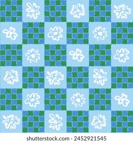 Flower Line Doodle With Checked Seamless Pattern Art On Blue Background Wallpaper 