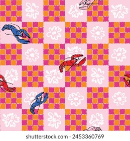 Flower Line Doodle With Sea-Life Lobster On Checked Seamless Pattern Art Pink Background Wallpaper 