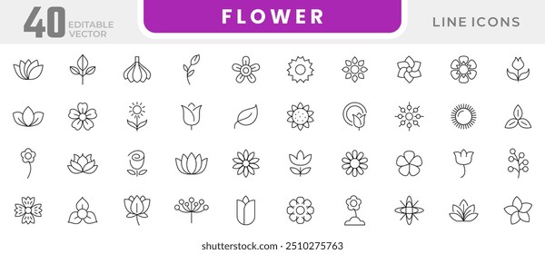 Flower line icon collection. Botanical, blooming, plant, tropical, leaf, eco, beautiful, botany, floral, botanic, spring, ornament, and garden icon set. UI outline icon pack