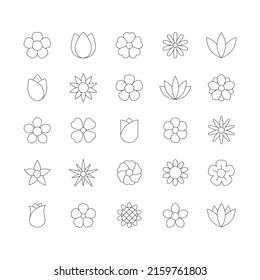 Blumenzeilensymbol eingestellt. Schwarze Umrisse Blumen Sammlung. Vektorgrafik einzeln auf Weiß