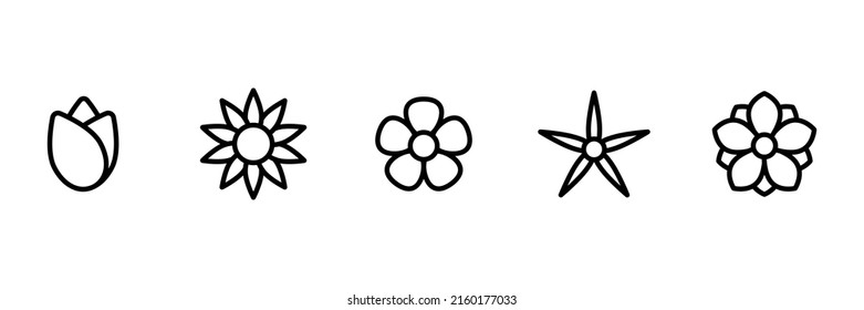 Flower line icon set. Black outline flowers collection. Vector isolated on white