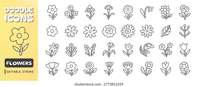 Flower line icon set, naive doodle thin linear art. Collection of hand drawn field blossoms - rose, tulip, sunflower, daisy, poppy. Simple illustrations floral botanical elements. Editable Stroke.