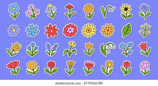 Flower line icon set, naive doodle thin linear art. Collection of hand drawn field blossoms stickers - rose, tulip, sunflower, daisy, poppy. Simple illustrations floral botanical elements