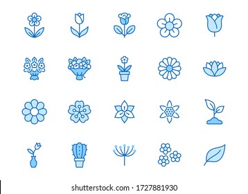 Flower line icon set. Rose, tulip in vase, fruit bouquet, spring blossom, cactus minimal vector illustration Simple blue outline signs for flowers delivery application. Editable Strokes.