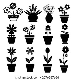 Flower line icon set. Rose, tulip in vase, fruit bouquet, spring blossom, cactus minimal vector illustration