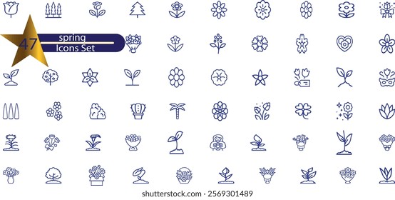 Flower line icon set. Rose, tulip in vase, fruit bouquet, spring blossom, cactus minimal vector