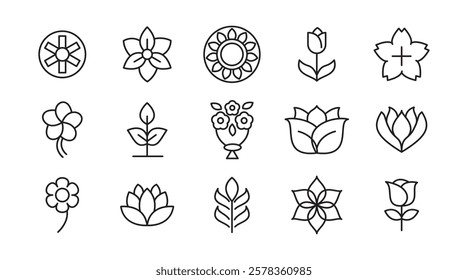 Flower line icon set. rose, tulip, daisy bouquet,  violet, jasmine, calendula, echinacea, iris, chamomile,  gardening,  landscaping, sunflower, lily, dandelion, line icon set. UI thin line icon pack.