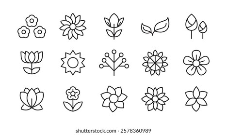 Flower line icon set. rose, tulip, daisy bouquet,  violet, jasmine, calendula, echinacea, iris, chamomile,  gardening,  landscaping, sunflower, lily, dandelion, line icon set. UI thin line icon pack.