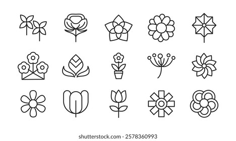 Flower line icon set. rose, tulip, daisy bouquet,  violet, jasmine, calendula, echinacea, iris, chamomile,  gardening,  landscaping, sunflower, lily, dandelion, line icon set. UI thin line icon pack.