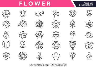 Flower line icon set. rose, tulip, daisy bouquet,  violet, jasmine, calendula, echinacea, iris, chamomile,  gardening,  landscaping, sunflower, lily, dandelion, line icon set. UI thin line icon pack.