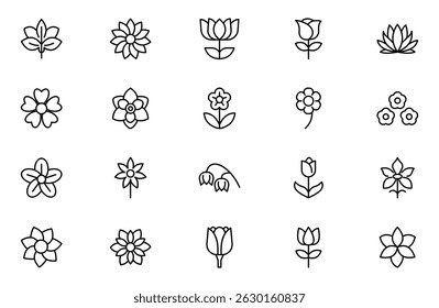 Flower line icon set. rose, tulip, daisy bouquet,  violet, jasmine, calendula, echinacea, iris, chamomile,  gardening,  landscaping, sunflower, lily, dandelion, line icon set.