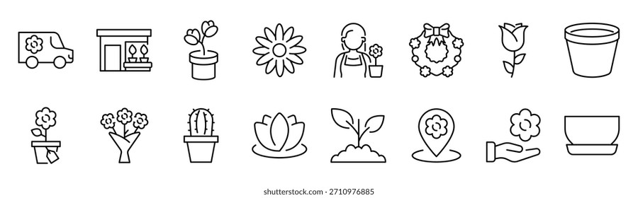 Conjunto de iconos de línea de flor. Rosa, tulipán en florero, flor de primavera, cactus Ilustración vectorial mínima