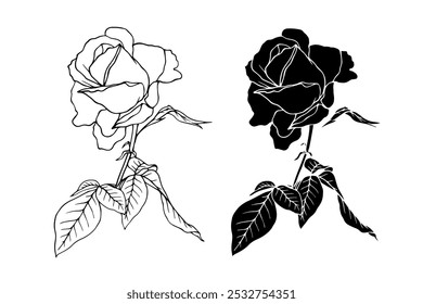 Flower line sketch, outline, rose stamp. Decorative botanical silhouettes. Vector graphics.