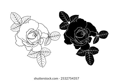 Flower line sketch, outline, rose stamp. Decorative botanical silhouettes. Vector graphics.