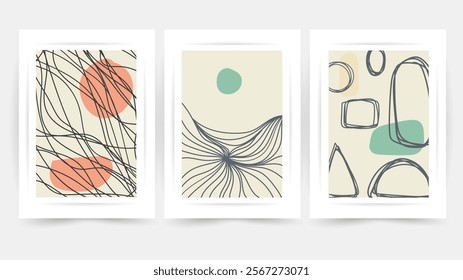 Flower line wall art vector set. Earth tone boho foliage flower line art drawing , Abstract Plant Art design for print, cover, wallpaper, Minimal and natural wall art.