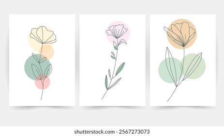 Flower line wall art vector set. Earth tone boho foliage flower line art drawing , Abstract Plant Art design for print, cover, wallpaper, Minimal and natural wall art.