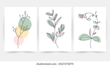 Flower line wall art vector set. Earth tone boho foliage flower line art drawing , Abstract Plant Art design for print, cover, wallpaper, Minimal and natural wall art.