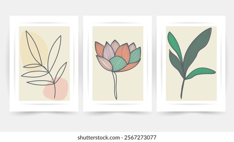 Flower line wall art vector set. Earth tone boho foliage flower line art drawing , Abstract Plant Art design for print, cover, wallpaper, Minimal and natural wall art.