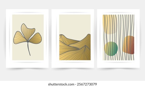 Flower line wall art vector set. Earth tone boho foliage flower line art drawing , Abstract Plant Art design for print, cover, wallpaper, Minimal and natural wall art.