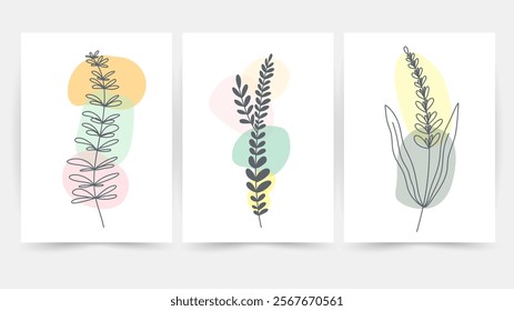 Flower line wall art vector set. Earth tone boho foliage flower line art drawing , Abstract Plant Art design for print, cover, wallpaper, Minimal and natural wall art.