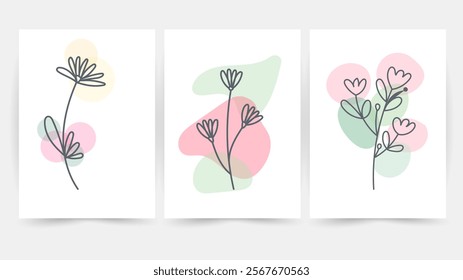 Flower line wall art vector set. Earth tone boho foliage flower line art drawing , Abstract Plant Art design for print, cover, wallpaper, Minimal and natural wall art.