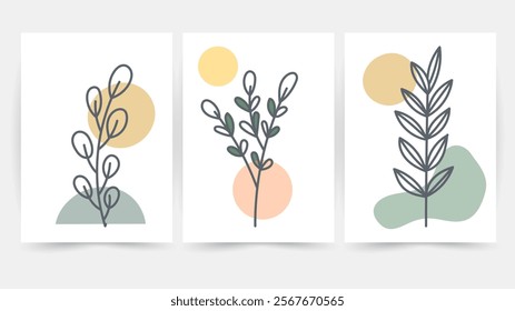 Flower line wall art vector set. Earth tone boho foliage flower line art drawing , Abstract Plant Art design for print, cover, wallpaper, Minimal and natural wall art.