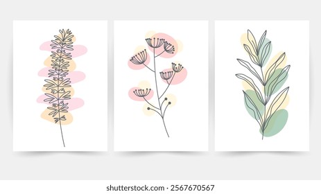 Flower line wall art vector set. Earth tone boho foliage flower line art drawing , Abstract Plant Art design for print, cover, wallpaper, Minimal and natural wall art.