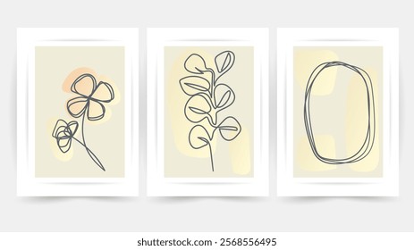 Flower line wall art vector set. Earth tone boho foliage flower line art drawing , Abstract Plant Art design for print, cover, wallpaper, Minimal and natural wall art.