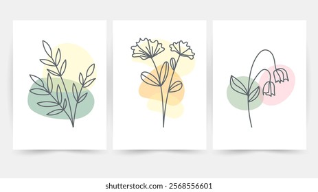 Flower line wall art vector set. Earth tone boho foliage flower line art drawing , Abstract Plant Art design for print, cover, wallpaper, Minimal and natural wall art.