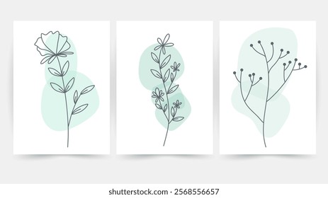 Flower line wall art vector set. Earth tone boho foliage flower line art drawing , Abstract Plant Art design for print, cover, wallpaper, Minimal and natural wall art.