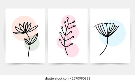 Flower line wall art vector set. Earth tone boho foliage flower line art drawing , Abstract Plant Art design for print, cover, wallpaper, Minimal and natural wall art.