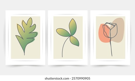 Flower line wall art vector set. Earth tone boho foliage flower line art drawing , Abstract Plant Art design for print, cover, wallpaper, Minimal and natural wall art.