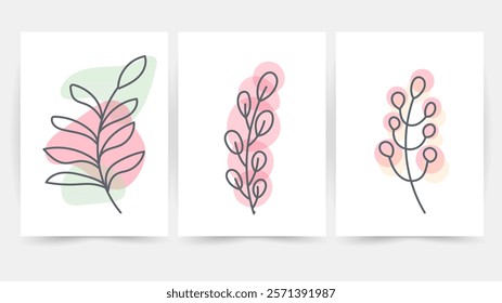 Flower line wall art vector set. Earth tone boho foliage flower line art drawing , Abstract Plant Art design for print, cover, wallpaper, Minimal and natural wall art.