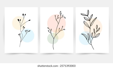 Flower line wall art vector set. Earth tone boho foliage flower line art drawing , Abstract Plant Art design for print, cover, wallpaper, Minimal and natural wall art.