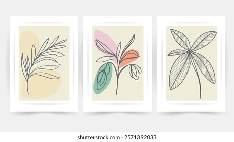 Flower line wall art vector set. Earth tone boho foliage flower line art drawing , Abstract Plant Art design for print, cover, wallpaper, Minimal and natural wall art.