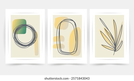 Flower line wall art vector set. Earth tone boho foliage flower line art drawing , Abstract Plant Art design for print, cover, wallpaper, Minimal and natural wall art.