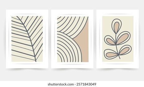 Flower line wall art vector set. Earth tone boho foliage flower line art drawing , Abstract Plant Art design for print, cover, wallpaper, Minimal and natural wall art.