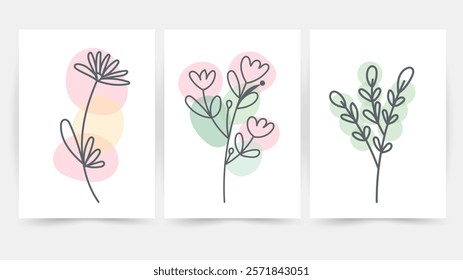 Flower line wall art vector set. Earth tone boho foliage flower line art drawing , Abstract Plant Art design for print, cover, wallpaper, Minimal and natural wall art.