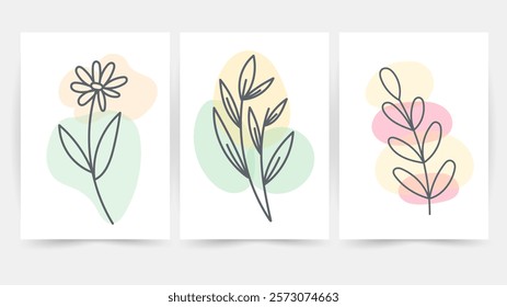 Flower line wall art vector set. Earth tone boho foliage flower line art drawing , Abstract Plant Art design for print, cover, wallpaper, Minimal and natural wall art.