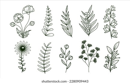 Flower Linear Vector hand drawn bouquets. Big bundle of floral frames. style set of hand drawn contour illustration of flowers isolated on a white background. 