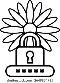 A flower with a lock on it. The flower is white and the lock is black. The flower is surrounded by four small dots