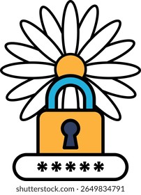 A flower with a lock on it. The lock is yellow and blue. The flower is white
