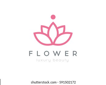 Logo flor abstrato Salão de beleza Cosméticos marca Estilo linear. Lotus Folhas Logotype projeto vetor modelo Moda Luxo. Conceito de logotipo de Yoga. Símbolo mínimo de meditação Yoga. Meditação de Spa de Saúde