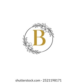 Blumenlogo B Hochzeitslogo in Kreisform. Elegantes Monogramm. Hochzeits-Monogramm-Illustration mit Blumenrahmen. Vektorillustrator. Firmenlogo. Firmenlogo.
