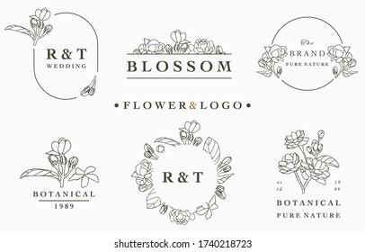 flower logo collection with leaves,geometric,circle frame.Vector illustration for icon,logo,sticker,printable and tattoo