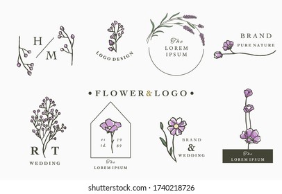 flower logo collection with leaves,geometric,circle,square frame.Vector illustration for icon,logo,sticker,printable and tattoo